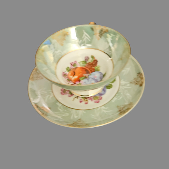 Vintage Old Foley Japan Hand Painted Cup & Saucer Fruit Design Gold Trim Green - Picture 2 of 6